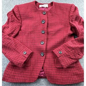 Vintage Saville‎ Blazer Womens 8 Red Black Checkered Wool Suit Jacket